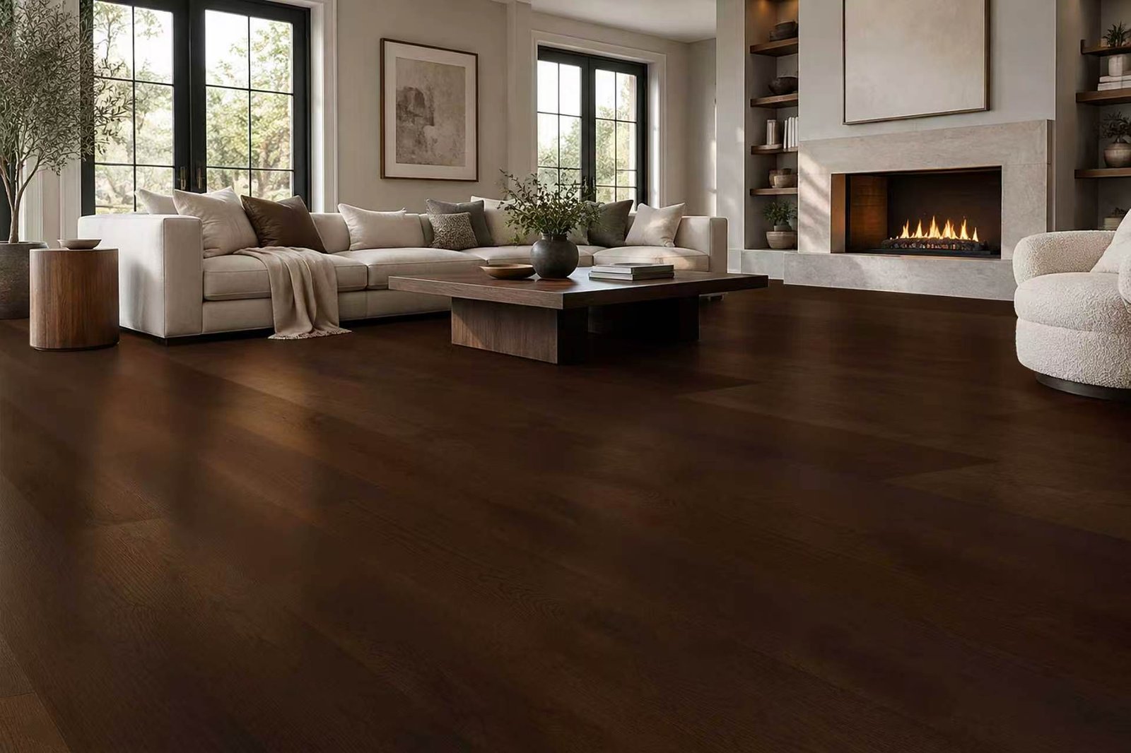 Living room scene with dark brown flooring, cream seating, black-framed windows, and a stone fireplace
