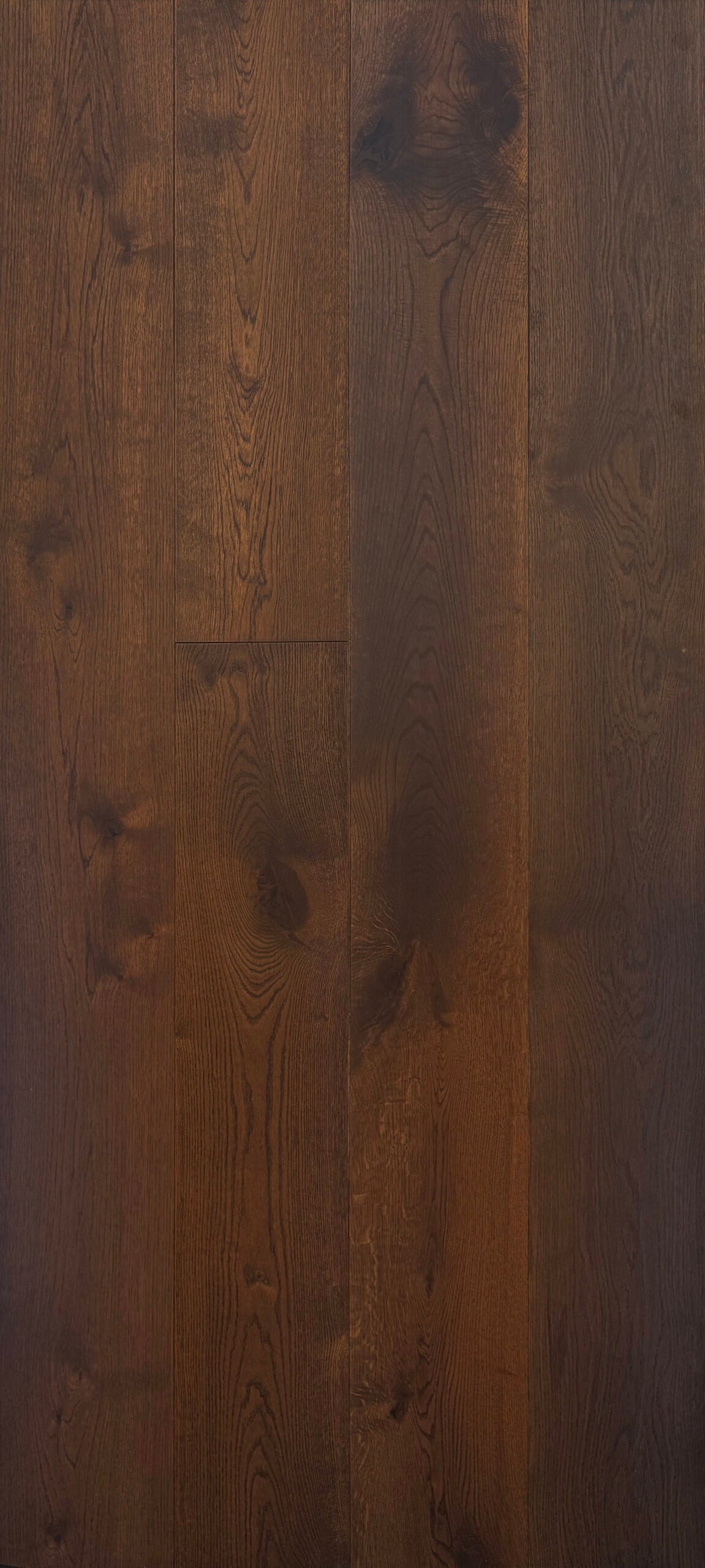 Amara Sable dark brown engineered hardwood flooring showing oak grain, knots, and natural tonal variation