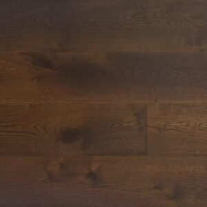 Amara Sable dark brown engineered hardwood flooring with visible oak grain, knots, and tonal variation