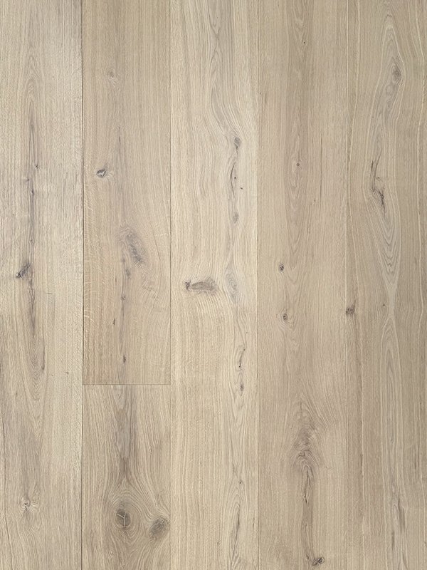Amara Carrara wide plank European oak engineered flooring with pale cream tones