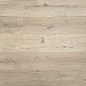 Carrara engineered hardwood flooring with light gray-beige tones, visible knots, and varied oak grain