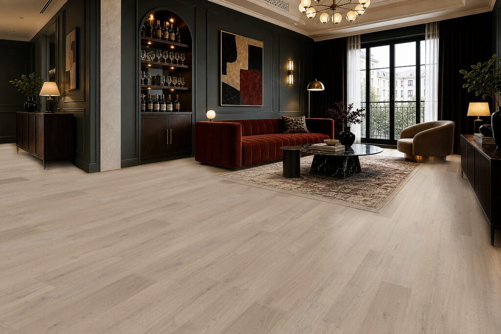 Extra-wide engineered oak flooring in a modern living room with dark furniture and large windows